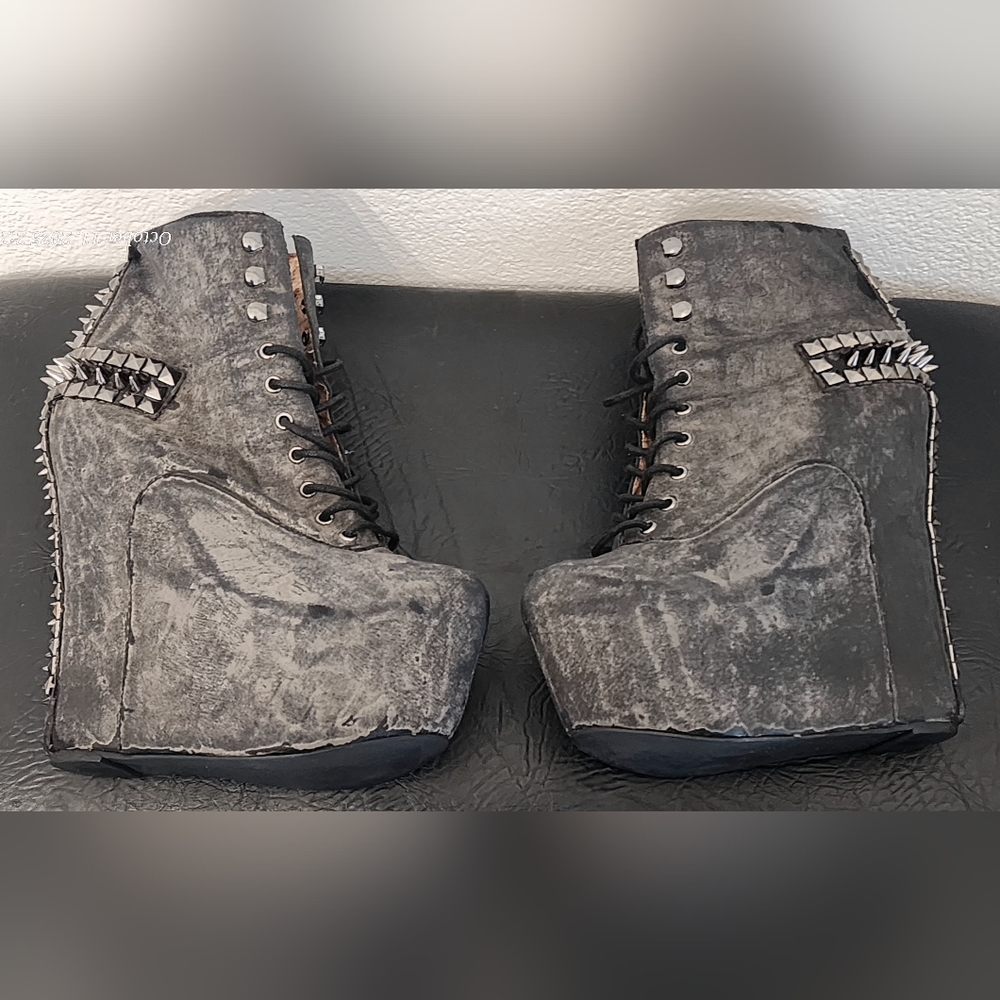 JEFFERY CAMPBELL Damsel - Spike Platform Wedge Ankle Boots, Grey, Size 7 - Picture 8 of 13